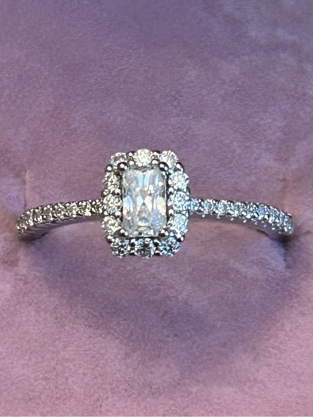 1.00CTW Moissanite Elongated Princess Cut Halo Ring in 925 Sterling Silver Size7